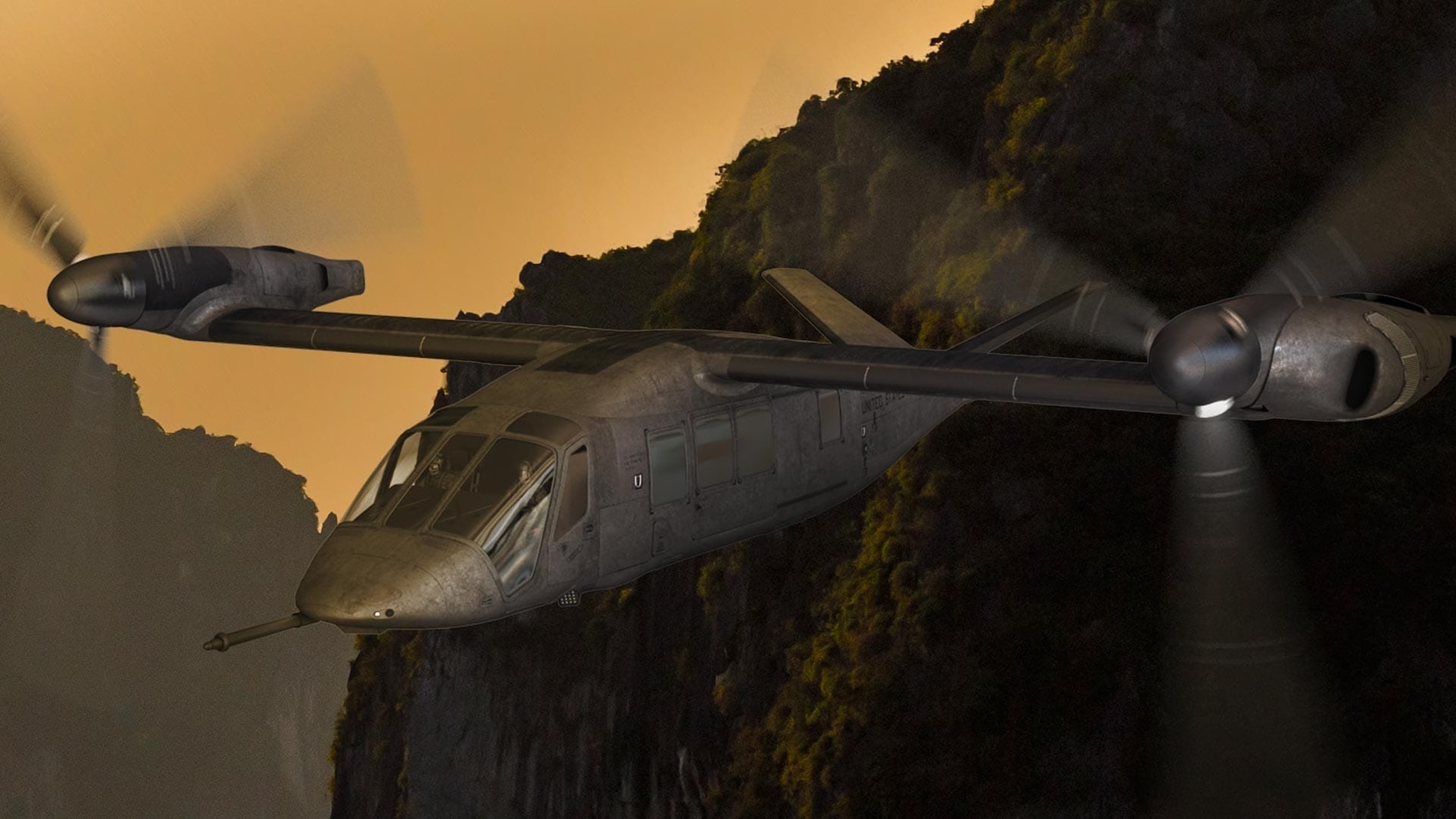 Bell V-280 sobre agua al atardecer