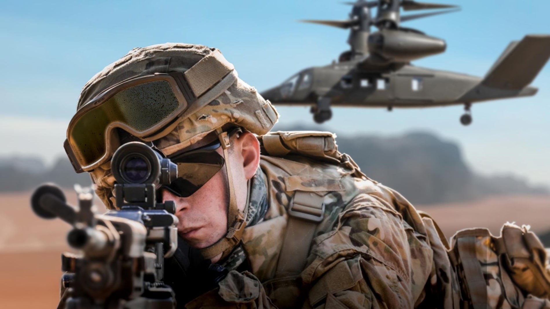 bell v-280 con soldado en segundo plano