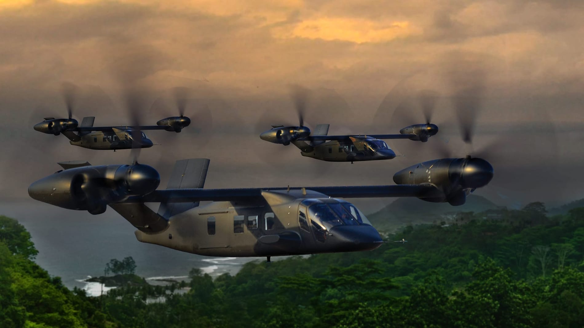 bell v-280 sobre la jungla al atardecer