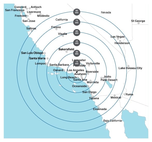 Anillos de alcance del Bell 429 sobre Los Ángeles