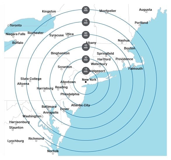 Anillos de alcance del Bell 429 sobre la ciudad de Nueva York